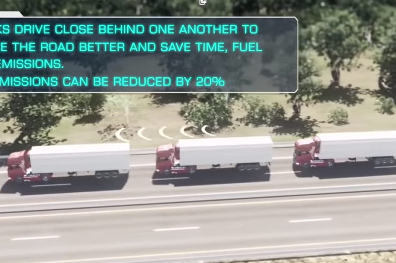 Le platooning, quand les camions circulent en peloton reliés par le wi-fi (moins de bouchons, économies de CO2, distances parcourues plus grandes)