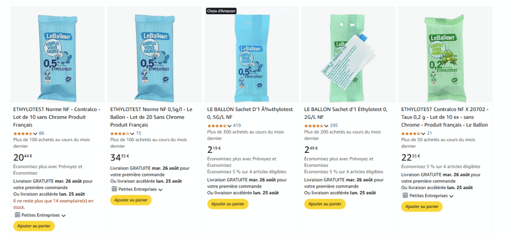 Exemple d'éthylotests jetables sur Amazon